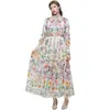 Vestido largo de manga larga con estampado de estilo francés de nicho de alta gama transfronterizo con cuello alto de un solo botón, vestido de comercio exterior con cinturón y falda amplia para mujer