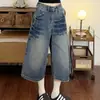 Comércio transfronteiriço tamanho grande design feminino retrô lavado incrustado com diamantes verão solto americano segmento de bambu calças capri de perna larga jeans da moda