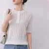 Nuevo Suéter de Punto Tencel Lyocell 2025 Cuello Redondo Manga Corta Calado Crochet Pulóver Camisa Base Top