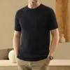 Camiseta de verano nueva para hombre con seda de morera y lino, cuello redondo, jacquard, color liso, casual de negocios, transpirable, tejida, manga corta