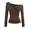 Pure Lust Design Camiseta Plisada de Hombro Inclinado de Manga Larga 2025 Otoño Nueva Moda Slim Sexy Top Sexy