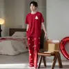 Pijama de Algodón Lycra para Mujer, Rojo Festivo Sencillo Casual de Manga Corta y Pantalón Largo para Pareja de Recién Casados, Conjunto de Ropa para el Hogar para el Año de Nacimiento