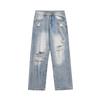 Calça Jeans Rasgada Masculina Solta All-match Calça Reta Trendy ins Estilo Americano Street Trendy Lavagem Branca Água Calças de Perna Larga