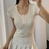 Camiseta Feminina Gentil de Manga Curta 2024 Verão Novo Pure U-neck Slim-fit Slim Top