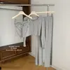 """Curva de Oxígeno"" figura en S pechos grandes cintura pequeña glúteos firmes top sin tirantes de Lyocell + cárdigan + pantalones largos acampanados"