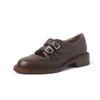 Zapatos de tacón medio grueso con punta redonda, doble hebilla y tacón bajo de piel auténtica para mujer, de piel de vaca y terciopelo, para principios de primavera de 2024.