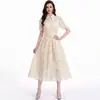 AliExpress Shopee Vestido de Renda com Lapela de Botão Único Mais Vendido para Trabalho e Namoro, Vestido de Verão com Manga Curta que Marca a Cintura para Mulheres