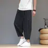 Pantalones cropped de rayas para hombre, de algodón y lino finos para verano, informales de pierna ancha, tipo harén, talla grande, holgados, tipo linterna, globo