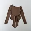 Atacado de Roupas Femininas Transfronteiriças Estilo Europeu e Americano Novas Camisetas Casuais de Manga Longa com Cordões para Apertar a Cintura e Efeito Emagrecedor Camisetas Assimétricas de Manga Longa