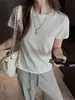 Camiseta feminina lisa, gola redonda, manga curta, simples e elegante, novo estilo de verão, corte solto, modeladora, ombro normal, top casual versátil