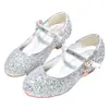 Sapatos de Princesa para Meninas Primavera e Outono Cristal Prata Sapato Infantil para Caminhar Sapatos de Couro de Salto Alto Sapatos de Festa para Apresentação de Palco para Meninas