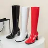 34-48 Outono/Inverno Botas Femininas de Salto Alto Tamanho Grande Bico Quadrado Couro Patente Zíper Lateral Cano Alto Botas de Couro Brilhantes Casuais Botas Martin