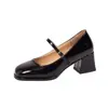 Sapatos Mary Jane femininos tamanho 26, primavera e outono, com uma única tira e salto grosso, couro envernizado, vermelho, scarpins elegantes de corte baixo