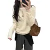 Elegante e macio suéter de tricô 100% lã pura com zíper parcial para mulheres, modelagem solta, gola redonda, mangas compridas, top moderno e versátil