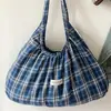 Nova Bolsa de Ombro Estilo Coreano Primavera 2026, Bolsa de Mão Elegante com Pregas de Grande Capacidade e Leve, Bolsa Xadrez Estilo College para Mulheres