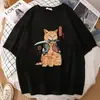 Nueva Camiseta 2025 con Gato de Dibujos Animados Estilo Japonés Mordiendo un Cuchillo Estampado Creativo, Camiseta Casual Holgada Talla Grande, Dropshipping Disponible
