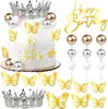 Decoração de Bolo Borboleta Coroa Acrílico Dourado Feliz Aniversário Adesivo Lateral Ornamento de Coroa Decoração de Aniversário de Menina