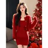 Conjunto de vestido suéter elegante estilo coreano para mulheres, conjunto de duas peças de tricô para outono e inverno