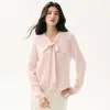 Suéter de cachemira para bebé con lazo para mujer, cuello en V, elegante, con cintas fluidas, tejido suelto y suave, top térmico de lana