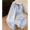 Calça Casual Xadrez Azul Dopamina para Mulheres, Novo Estilo Primavera/Verão, Calça Wide-Leg Petite, Calça Reta Solta, Calça Longa