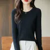 Suéter de Punto de Algodón Puro con Cuello Redondo, Manga Larga, Ajuste Delgado, Costilla, Color Sólido, Camisa Base para Mujer, Novedad Primavera 2026