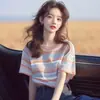 Verano 2025 Chic Coreano Único y Hermoso Tops Sueltos y Versátiles Coloridas Camisetas de Manga Corta a Rayas para Mujer