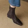 Botines Cortos Marrones de Tacón Medio-Alto Estilo Coreano para Mujer, Botines Chelsea Chelsea de Punta Cuadrada Suave Estilo Británico con Cremallera Trasera, Botines de Tobillo de Tacón Grueso Ajustados