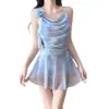 [Pensamientos de la chica] Traje de baño de alta gama con color degradado para mujer, tipo boxer de una pieza, que cubre la carne y blanquea, Traje de baño para resort de aguas termales