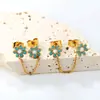 Brincos Longos Duplos de Personalidade Europeia e Americana Simples Versátil Sensação Fresca Flor Gotejamento de Óleo Aço Inoxidável Brincos Doces para Meninas