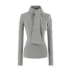 Camiseta de Manga Larga con Bufanda Extraíble Sexy Cepillada para Chica Caliente, Cintura Delgada para Mujer, Aspecto Adelgazante, Camiseta Básica, Top Corto, Moderno