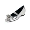 Zapatos Mary Jane de Piel de Oveja con Hebilla Metálica y Lazo Estilo Coreano 2026 Primavera Cuña Tacón Medio Punta Cuadrada Completamente de Piel Genuina para Mujer