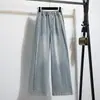 Foto Real de Jeans Azules de Pierna Ancha Talla Grande para Mujer, Primavera 2026, Súper Populares, Talla Petite, Pantalones Largos Rectos con Dobladillo Enrollado, Algodón