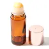 Botella dispensadora de aceite de ricino de vidrio ámbar de 50 ml, botella aplicadora roller de jade cristal rosa natural, botella aplicadora roller de cuarzo rosa