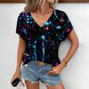 Camiseta Top Casual Tie-Dye 3D Europeia e Americana Verão Quente Mais Vendida Solta Moda Decote V Manga Curta