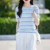 Tricô Respirável Fino de Manga Curta Redutor de Idade com Dopamina para Mulheres de 26 Anos Verão Novo Top Azul Listrado Lyocell