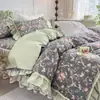 Falda de Cama Acolchada Estilo Francés Campestre de Encaje Pesado, Todo Algodón, Juego de Cuatro Piezas, Funda de Edredón de Encaje de Algodón Puro, Juego de Cuatro Piezas Todo Algodón