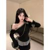 Camiseta de Manga Larga con Falso Dos Piezas, Estampado de Cuadros, Empalme, Cuello Asimétrico para Mujer, Nueva Colección Primavera y Otoño, Aspecto Adelgazante, Sexy, Sexy, Top Hombros Descubiertos