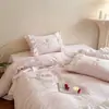 ¡Borde de encaje etéreo! Juego de ropa de cama de cuatro piezas de satén de algodón de fibra larga, 100 hilos, con bordado floral