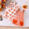 Trajes Europeos y Americanos de Primavera y Otoño para Niñas de Halloween para Bebés y Niños Pequeños Bata con Estampado de Calabaza de Manga Larga + Peto a Cuadros + Accesorios para la Cabeza