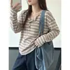 Conjunto Retro de Principios de Otoño 220g 94% Poliéster 6% Spandex Diseño Estilo Coreano Camiseta de Manga Larga Rayada con Bloques de Color Holgada