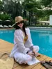 Traje Casual Baishiwang de Tencel y Lino para Mujer, Camisa de Manga Larga Protectora del Sol de Verano Combinada con Falda de Corte A y Pantalones Largos Casuales