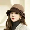 2026 Nuevo Sombrero de Fieltro de Lana Tipo Cubo para Mujer Otoño Invierno Estilo Coreano Sombrero Fedora con Lazo Moda Versátil Cálido Hace que la Cara Parezca Más Pequeña Pescador