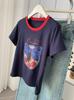 Modelo Popular dos Principais Fabricantes! Camiseta Feminina de Verão Casual Versátil com Gola Redonda em Cor Contrastante e Estampa de Cereja de Manga Curta Coreana