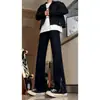 Calça Jeans Preta Stretch Masculina, Estilo High Street Americano, Calça de Outono e Inverno, Corte Slim para Pernas Grossas e Quadris Largos, Levemente Flare, Calça Bootcut