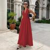 Comercio Exterior Transfronterizo 2025 Nuevo Verano Vestido Elegante de Cuello en V de Color Puro para Mujer con Espalda Descubierta, Cintura con Cordones y Dobladillo Grande