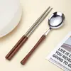 Juego de Palillos y Cuchara Retro de Madera Maciza 304 de Acero Inoxidable Portátil, Vajilla de Madera de Ala de Pollo para el Hogar de Alto Valor Estético