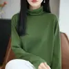Suéter de punto de manga larga con cuello alto 100% algodón para el trabajo, elegante, verde, casual, versátil, prenda básica