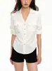 Camisa Blanca de Lino Tencel con Cuello en V y Mangas Tres Cuartos para Mujer, Temperamento Old Money, Holgada, Casual, Camisa con Ceñidor en la Cintura