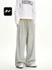 Pantalones Largos Holgados Rectos con Cordón Lavado Retro Streetwear Desgastados para Hombre y Mujer en Color Rico Blanco Arcilla Americano