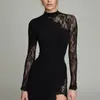 Vestido bodycon de encaje transparente elegante de manga larga, ajustado, con abertura, de marca independiente, comercio exterior transfronterizo europeo y americano, para socialité